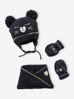 Girls-Accessories-Winter Hats, Scarves, Gloves & Mittens-Jacquard Knit Beanie + Snood + Mittens Set for Baby Girls