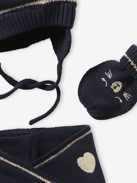 Jacquard Knit Beanie + Snood + Mittens Set for Baby Girls BLUE DARK SOLID WITH DESIGN - vertbaudet enfant 