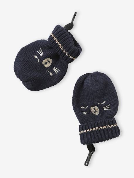 Jacquard Knit Beanie + Snood + Mittens Set for Baby Girls BLUE DARK SOLID WITH DESIGN - vertbaudet enfant 