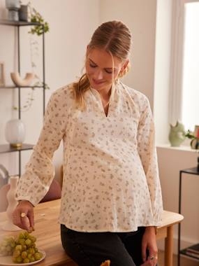 Maternity-Blouses, Shirts & Tunics-Printed Cotton Gauze Blouse, Maternity & Nursing Special