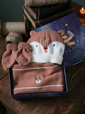 -Christmas Reindeer Beanie + Snood + Mittens Set for Babies