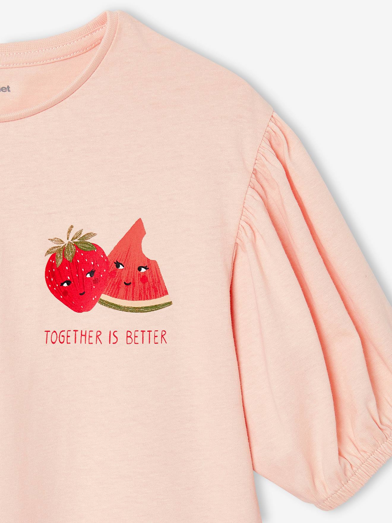 Bubble Sleeve Top with Fruit Motif on Chest for Girls - pale