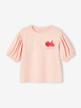 -T-shirt manches boules fille motif fruit poitrine