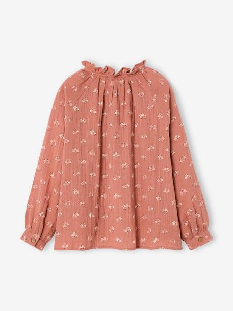 Blouse in Cotton Gauze with Ruffles & Floral Print, for Girls aqua green+ecru+tomato red - vertbaudet enfant 