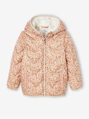 Girls-Coats & Jackets-Lightweight Padded Jacket with Hood & Printed Motifs for Girls