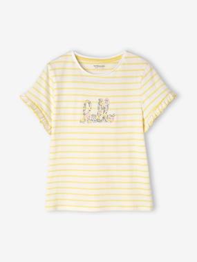 Girls-Tops-T-Shirts-Short Sleeve Striped T-Shirt with Ruffles for Girls