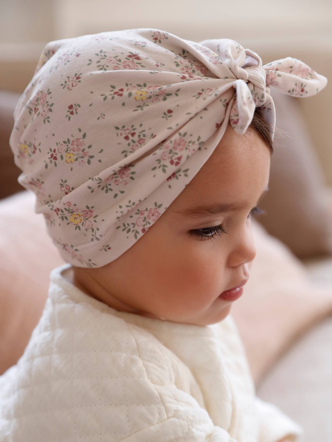 Turban-Like Beanie in Printed Knit for Baby Girls - rose beige