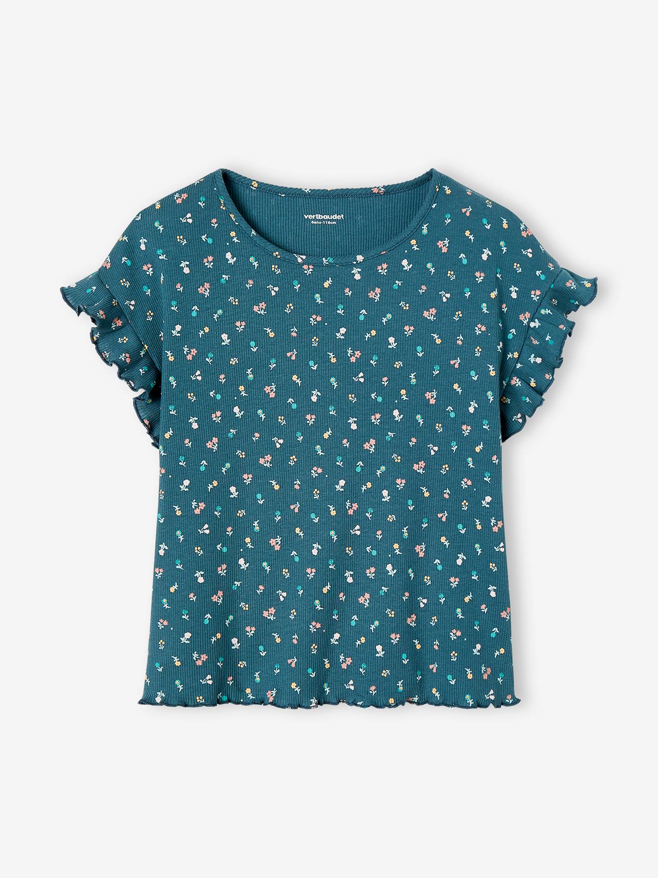 Rib Knit T-Shirt with Printed Flowers for Girls - ink blue, Girls