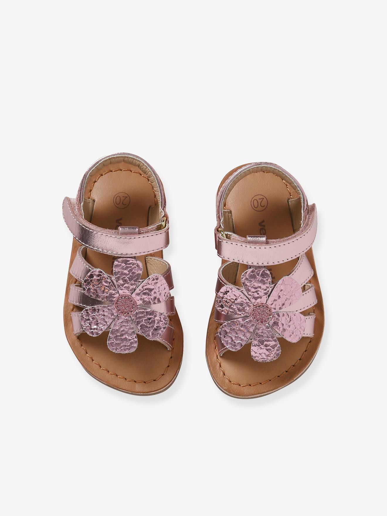 sandales premiers pas bebe fille dessus cuir brides metallisees rose  chaussures de parc bebe