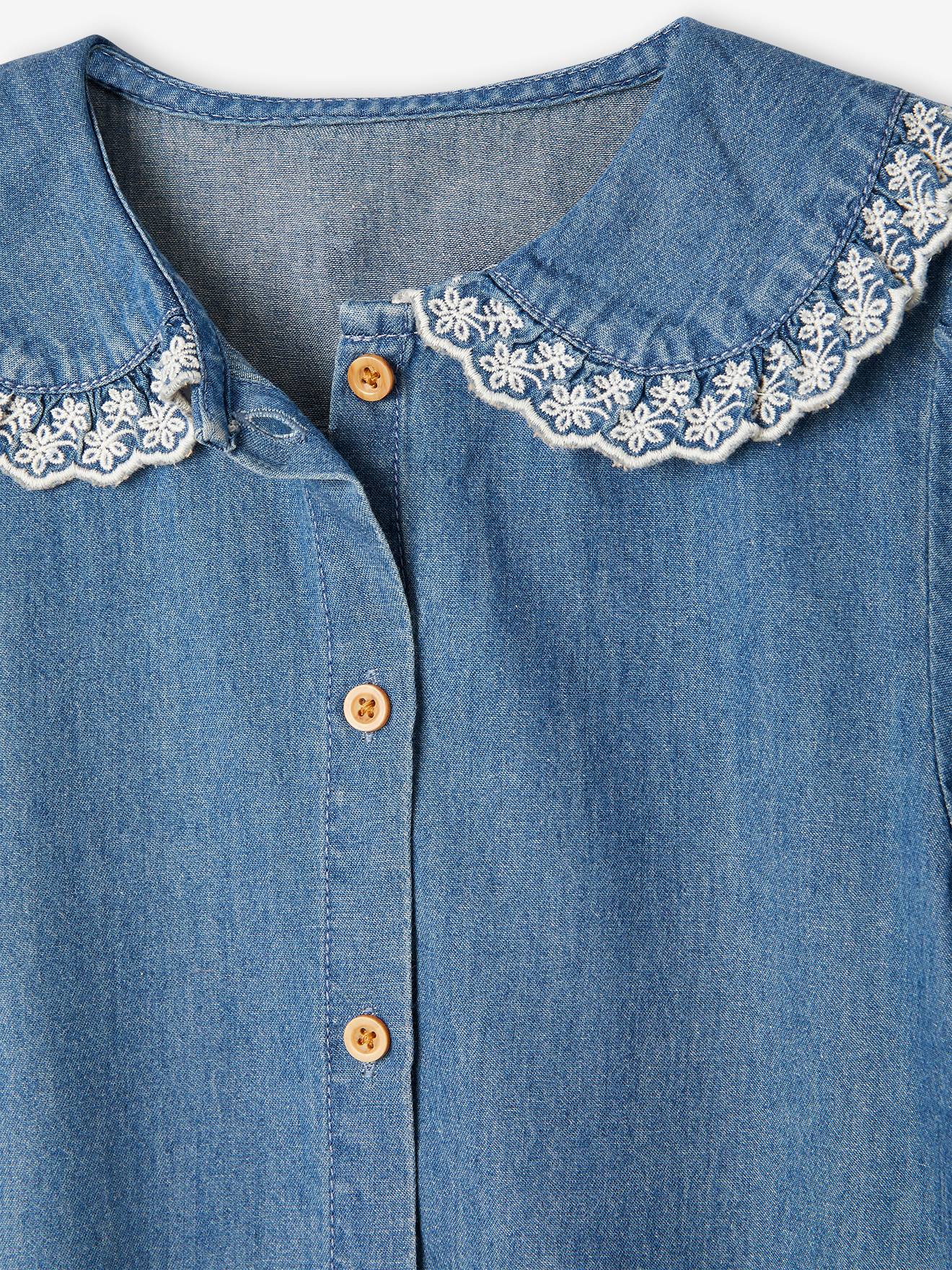 Short Sleeve Denim Shirt with Peter Pan Collar, for Girls - stone