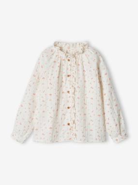 Girls-Blouses, Shirts & Tunics-Blouse in Cotton Gauze with Ruffles & Floral Print, for Girls