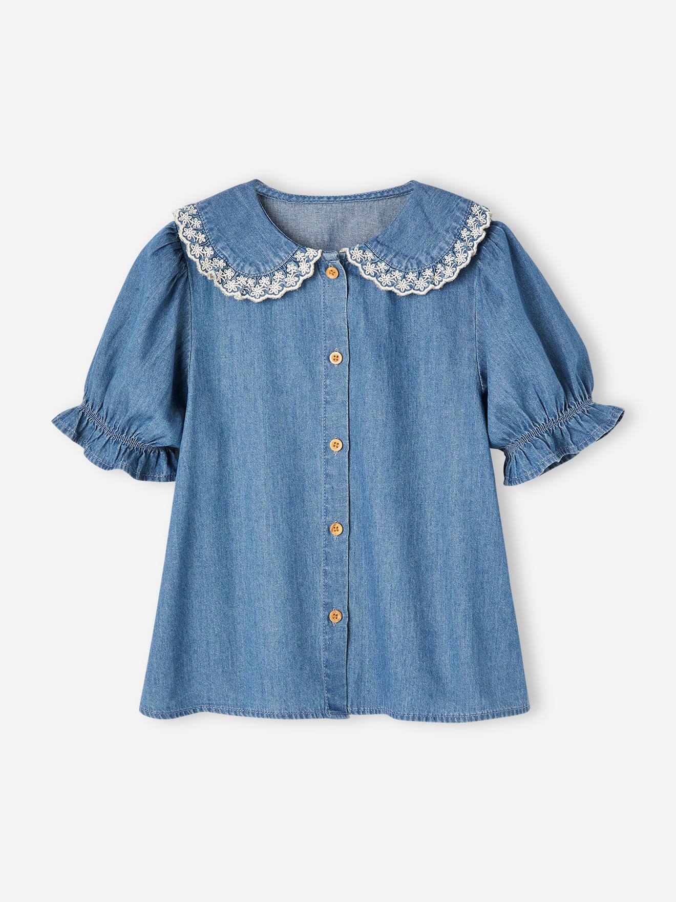 Womens Denim Shirt Jean Tops Mesh Splice Ruffle Stand Up Collar Button  Shirts | eBay