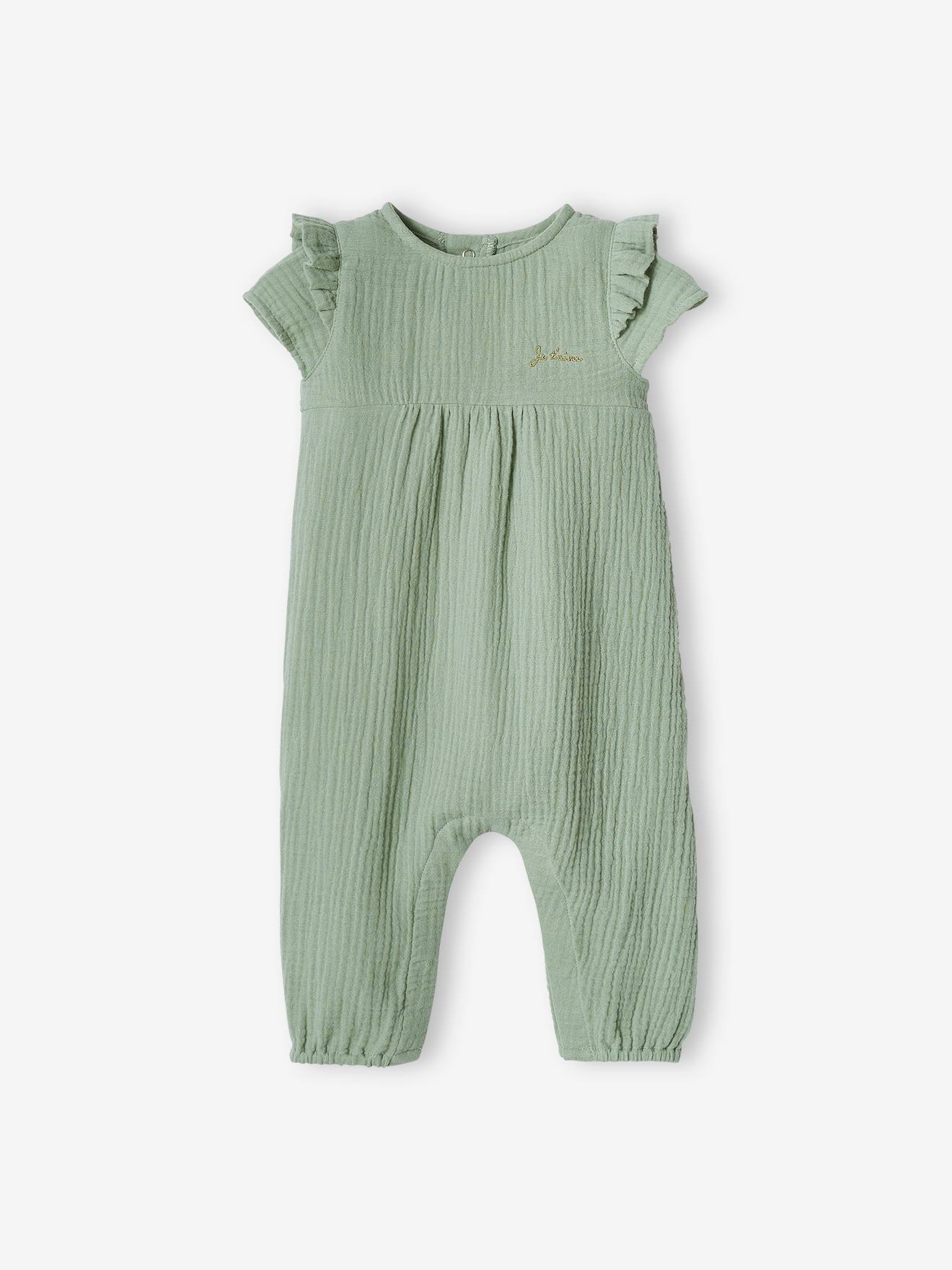 Combinaison bébé garçon en lin et coton - vert céladon, Bébé