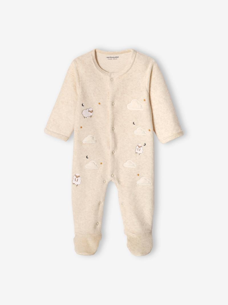 Velour Sleepsuit with Front Opening, for Babies - marl beige, Baby