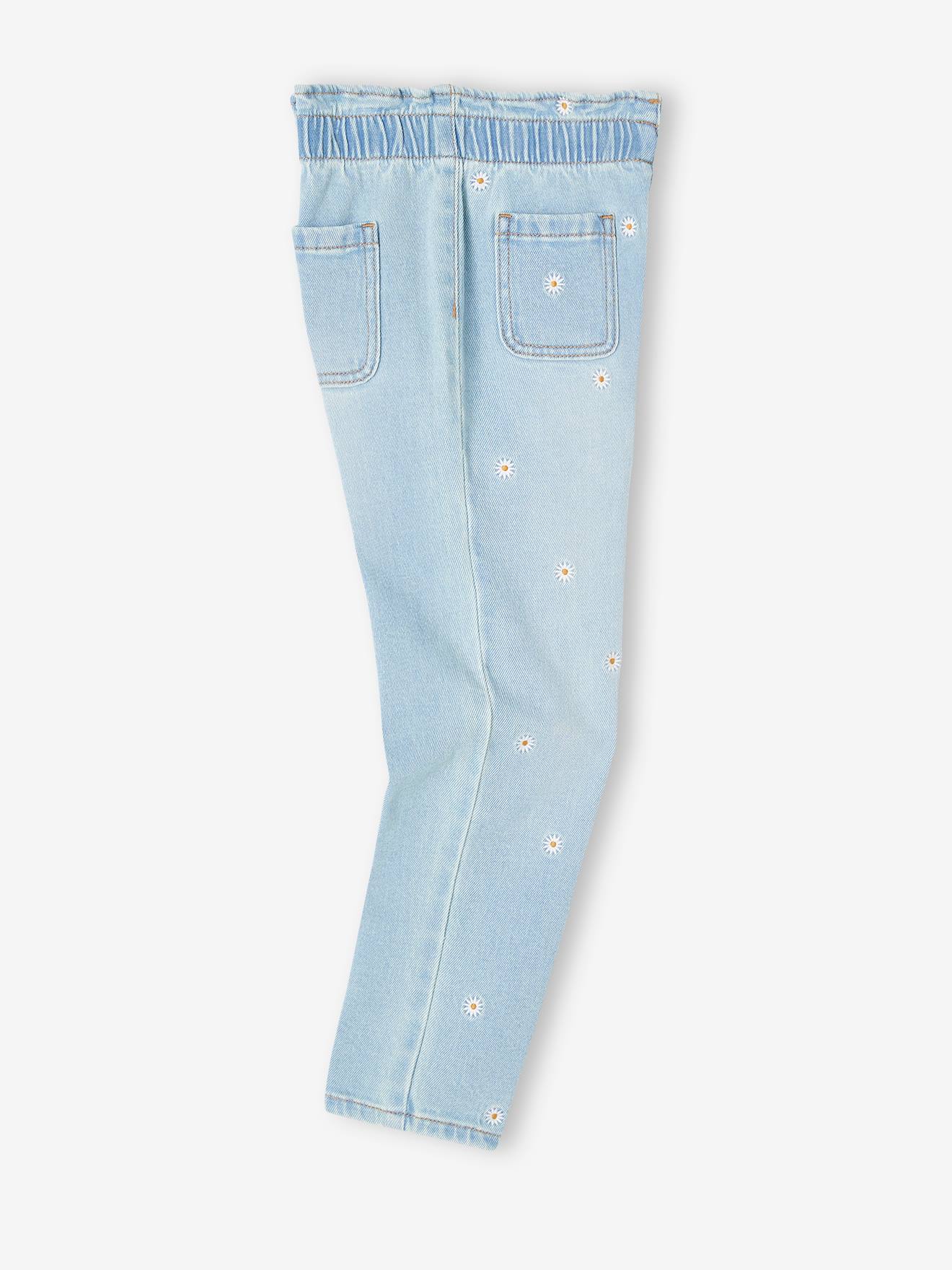Paperbag Jeans, Embroidered Flowers, for Girls - denim blue, Girls