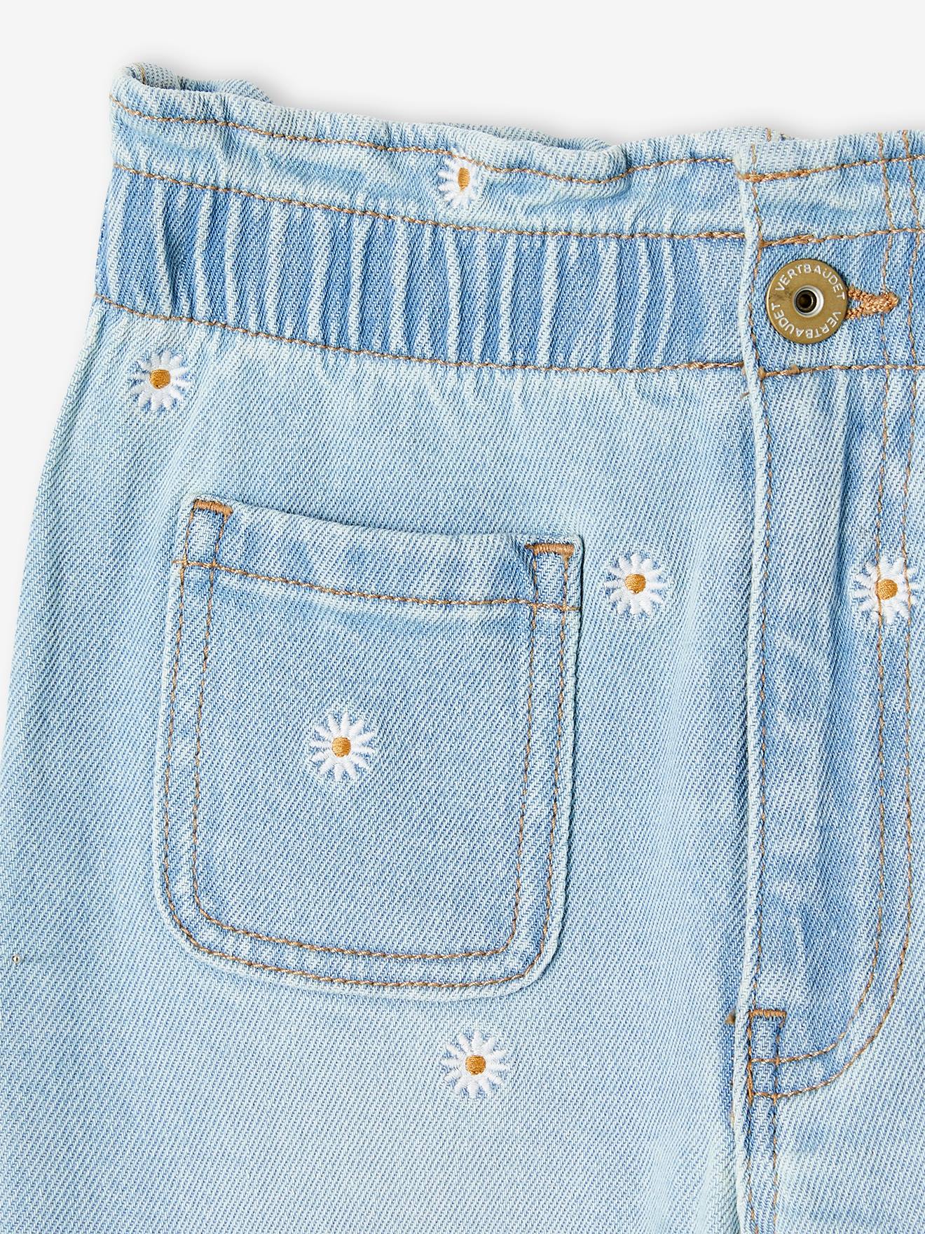 Paperbag Jeans, Embroidered Flowers, for Girls - double stone, Girls