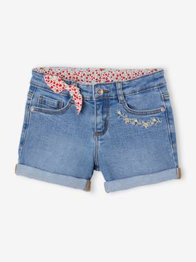 -Denim Shorts with Floral Print & Embroidered Bow, for Girls