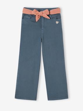 Girls-Trousers-Flared Trousers in Cotton Gauze, with Belt, for Girls