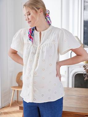 Maternity-Blouses, Shirts & Tunics-Embroidered Cotton Gauze Blouse, Maternity & Nursing Special