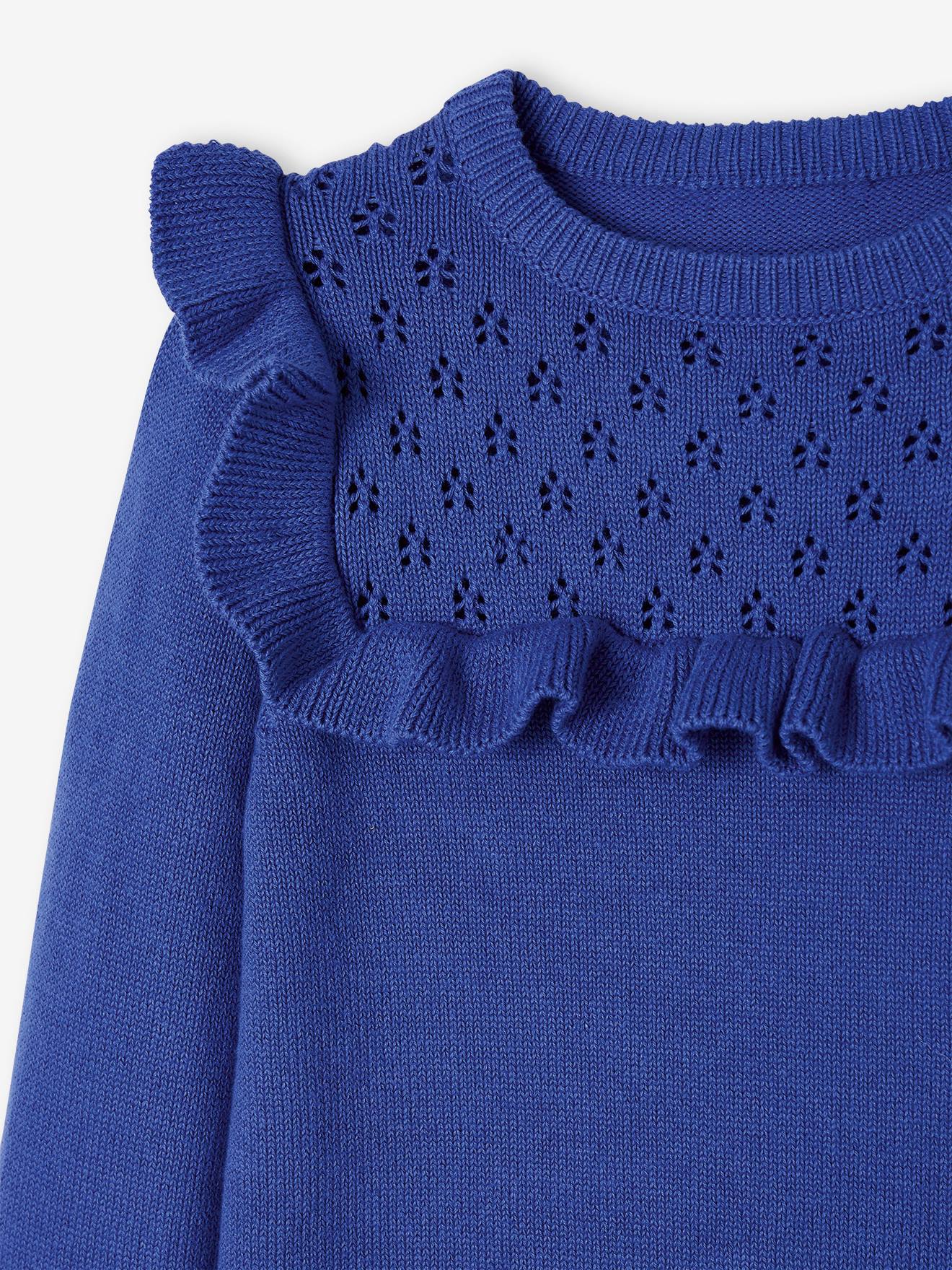 Jumper with Ruffle, Detail in Openwork Knit, for Girls - blue, Girls