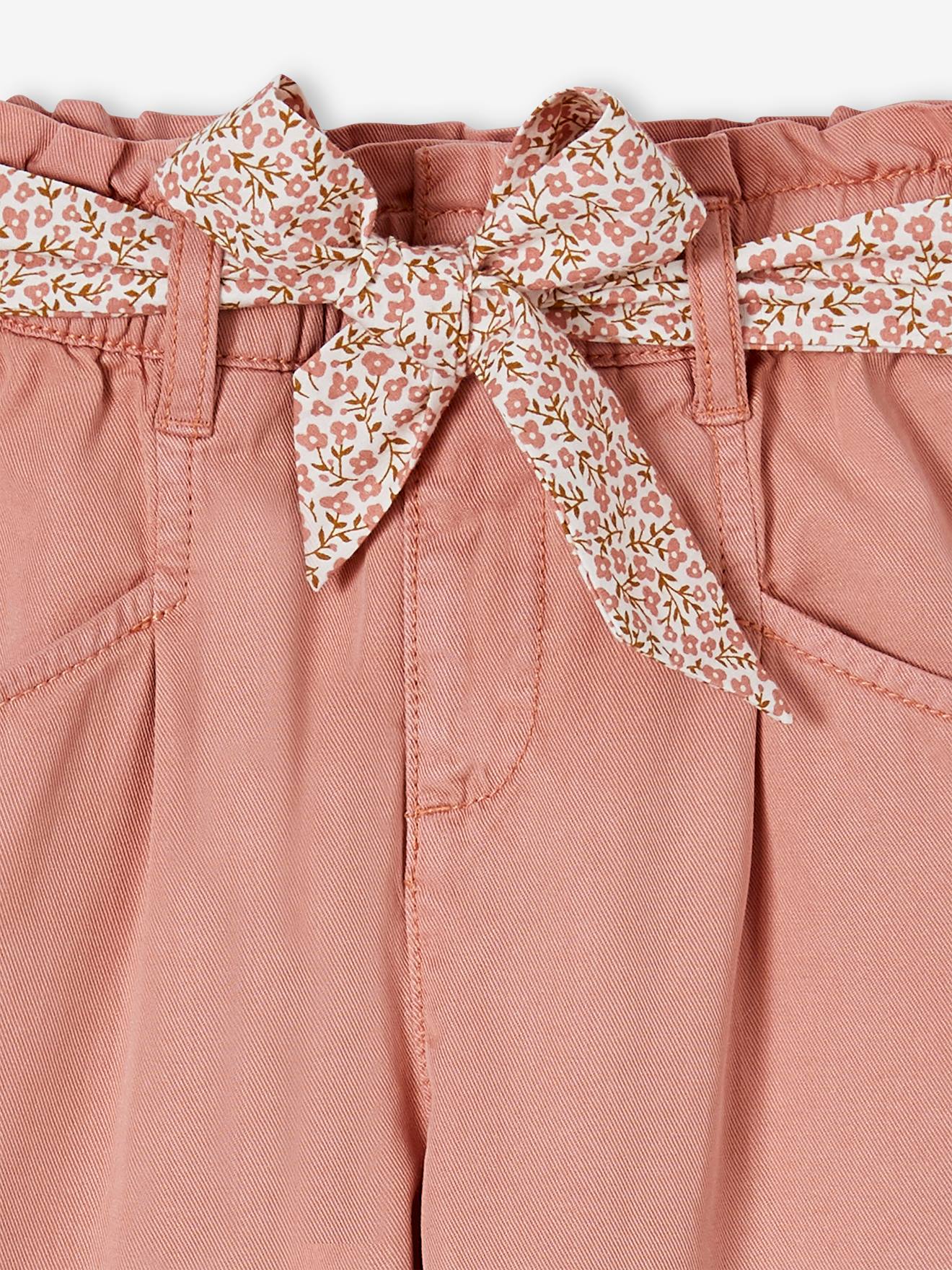 Pantalon Paperbag Fille VERTBAUDET - Taille Haute, Ceinture Froncée, Poches Cœur - 100% Coton, Coupe Loose Confortable