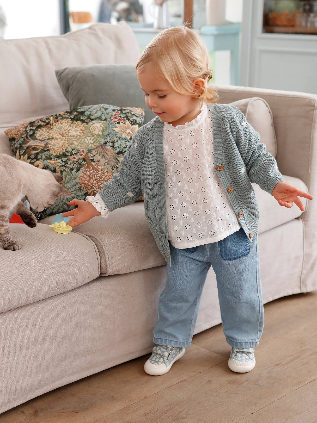 Jean Bébé Vertbaudet Avec Ceinture Cerises - Taille Élastiquée 60cm - 100% Coton