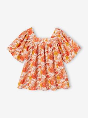 Girls-Blouses, Shirts & Tunics-Floral Blouse with Butterfly Sleeves, for Girls