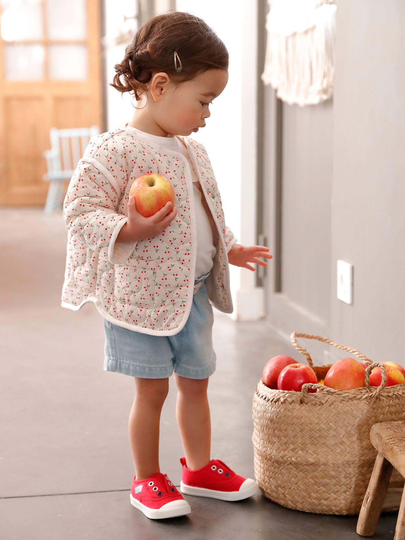VERTBAUDET Short Paperbag Bébé Denim Bleached Avec Ceinture Cerises - Taille 6M (67cm), 100% Coton