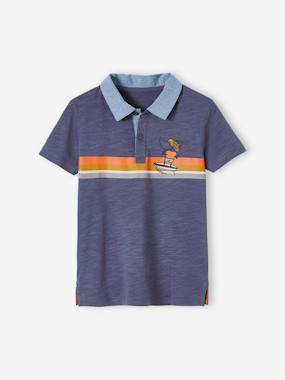 -Striped Polo Shirt with Chambray Details for Boys