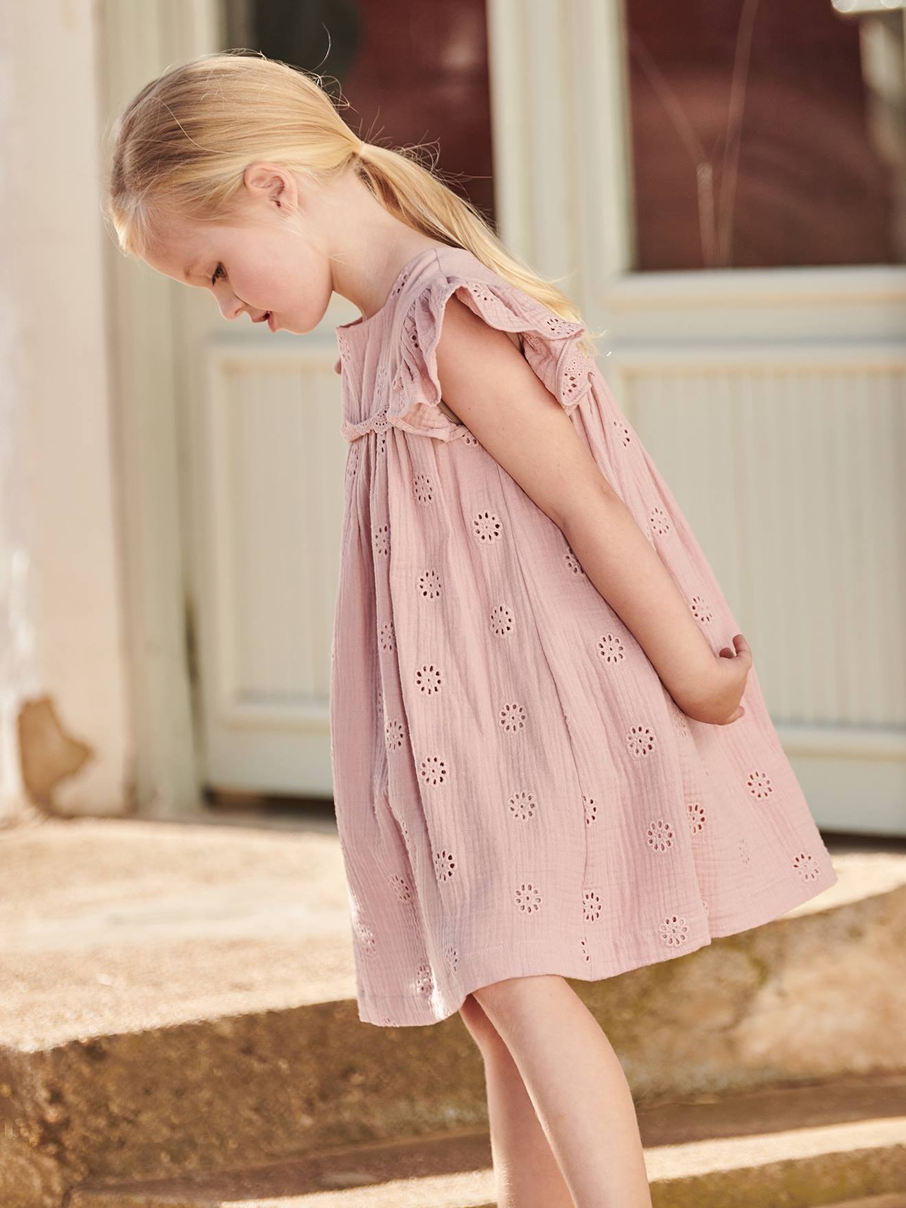 Cotton Gauze Dress with Embroidered Flowers, for Girls - rosy, Girls