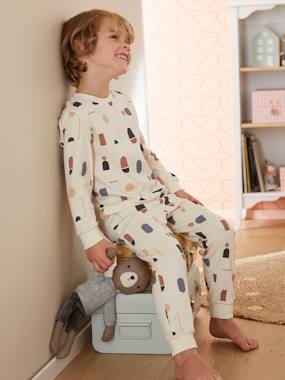 Boys-Plain Rib Knit Pyjamas with Geometric Print, for Boys