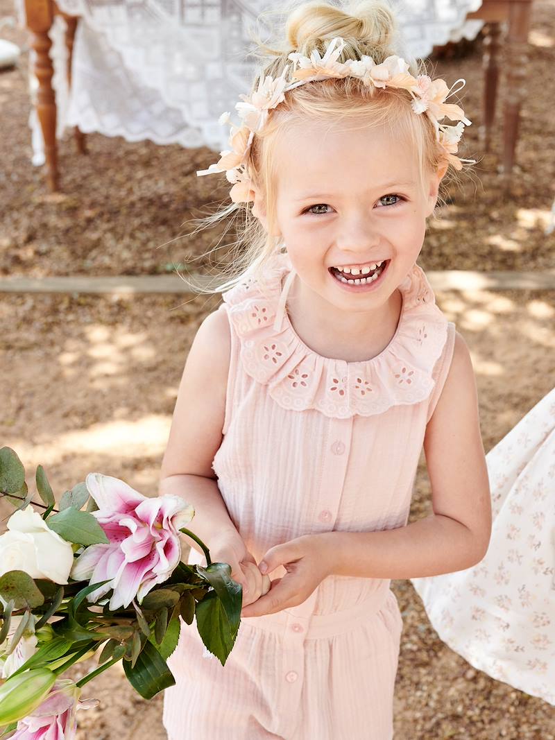 Cotton Gauze Jumpsuit for Babies, Broderie Anglaise Collar, for Girls pale pink, Girls