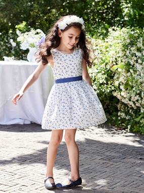 Girls-Occasionwear Floral Dress in Plumetis with Belt that Ties on the Back for Girls