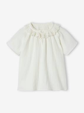 -Cotton Gauze Blouse for Girls, Broderie Anglaise Collar