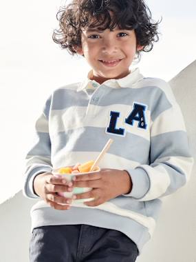 -Striped College-Style Sweatshirt with Polo Shirt Collar for Boys