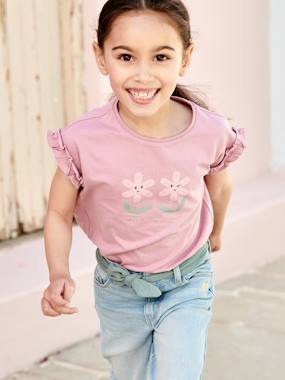 -T-Shirt with Iridescent Motif & Short Ruffled Sleeves for Girls