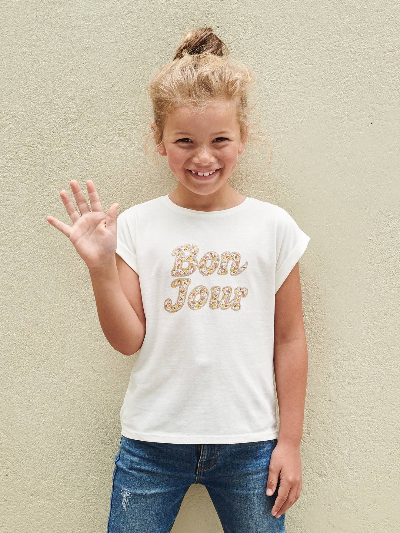 T-Shirt with Message in Flower Motifs for Girls - navy blue, Girls