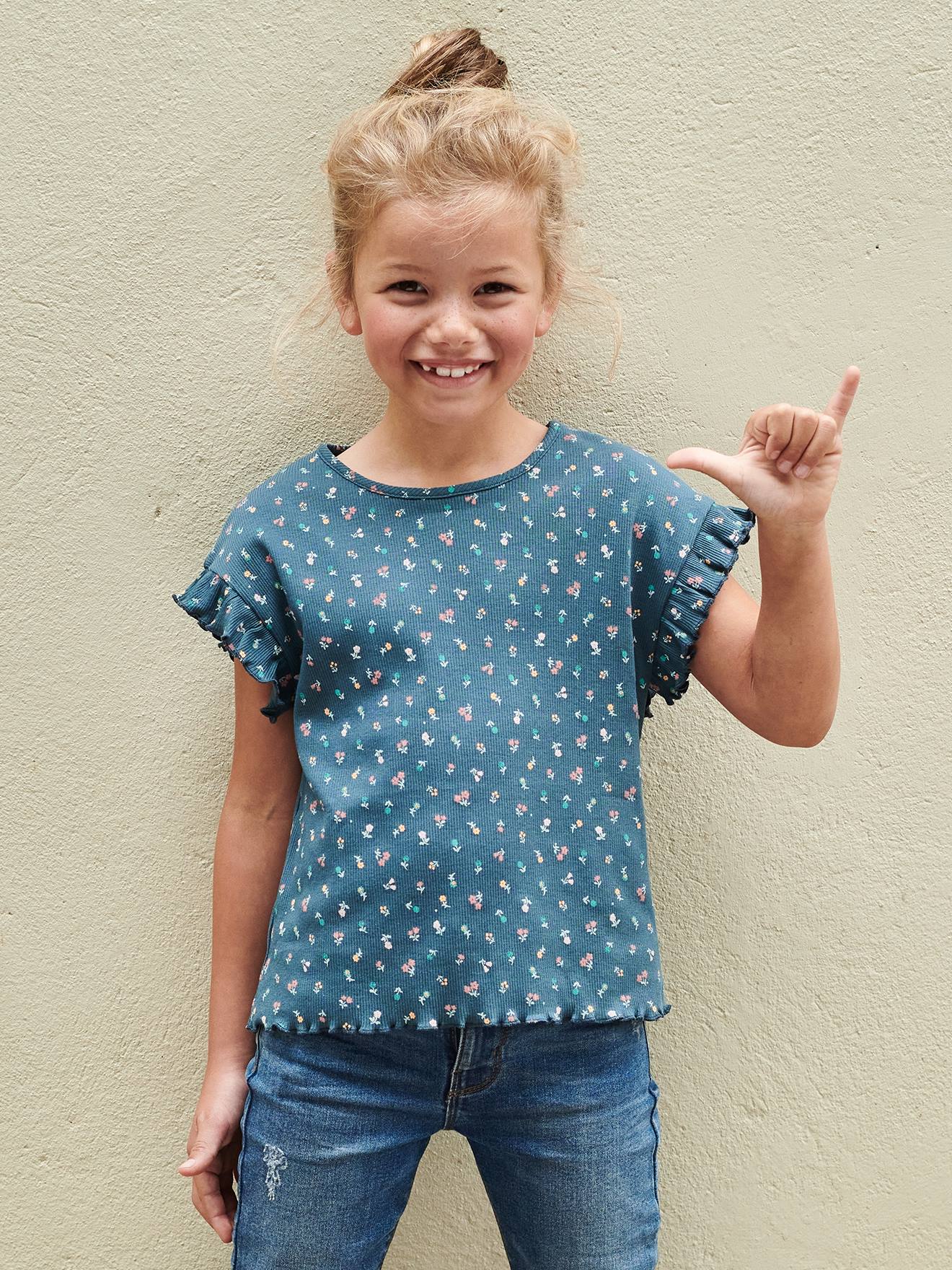 Rib Knit T-Shirt with Printed Flowers for Girls - ink blue