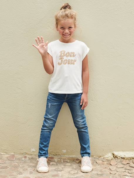 T-Shirt with Message in Flower Motifs for Girls ecru+navy blue - vertbaudet enfant 