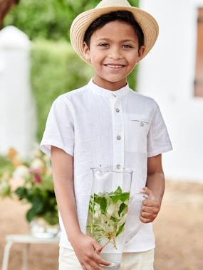 Boys-Short-Sleeved Shirt with Mandarin Collar in Cotton/Linen for Boys