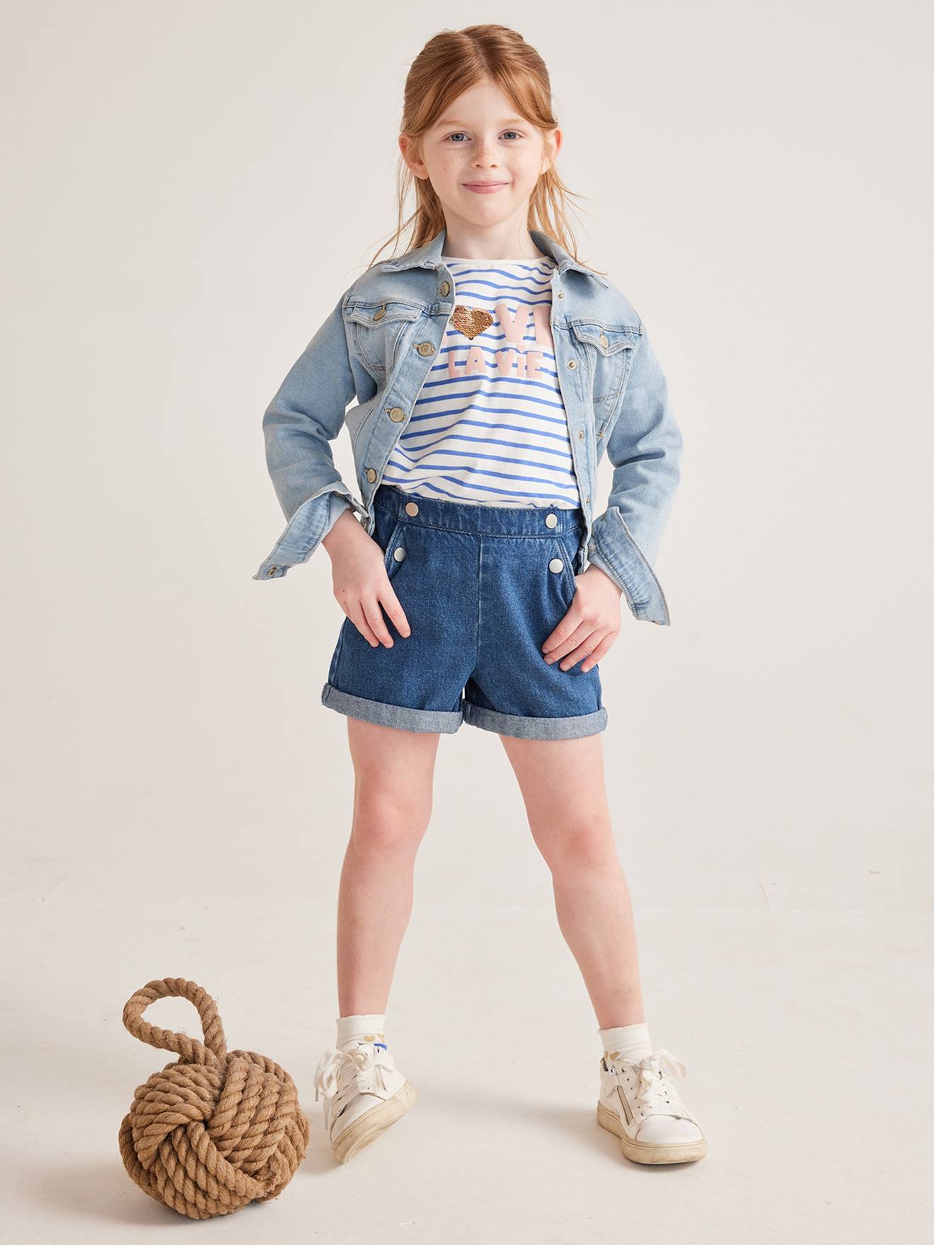 Denim Shorts with Fancy Buttons for Girls - blue dark wasched