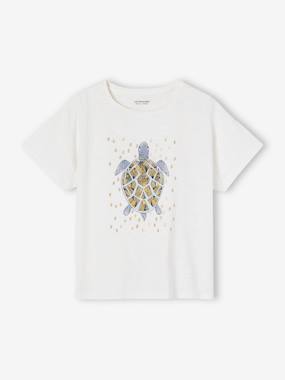 Fille-T-shirt, sous-pull-Tee-shirt motif tortue irisé fille volants fantaise au dos