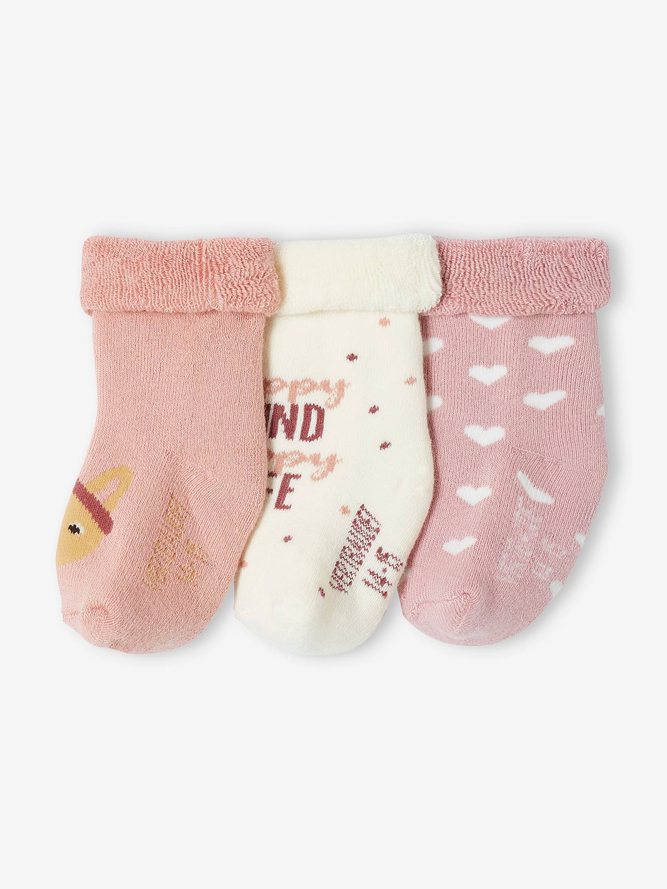 Rust uit snor G Pack of 3 Pairs of Hearts & Rabbits Socks for Baby Girls - rosy, Baby