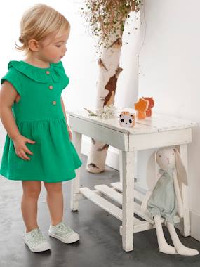 -Dress in Cotton Gauze with Frilled Collar, for Babies
