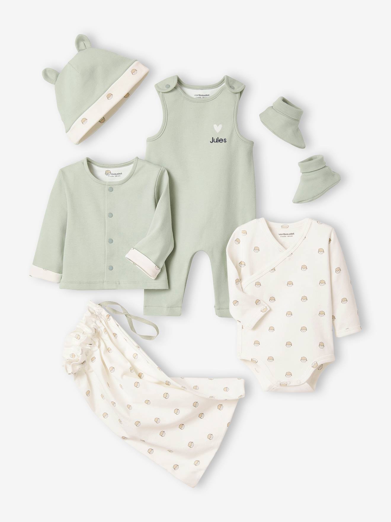 Kit para recién nacido con 6 prendas personalizables + bolsa de tela verde  agua - Vertbaudet