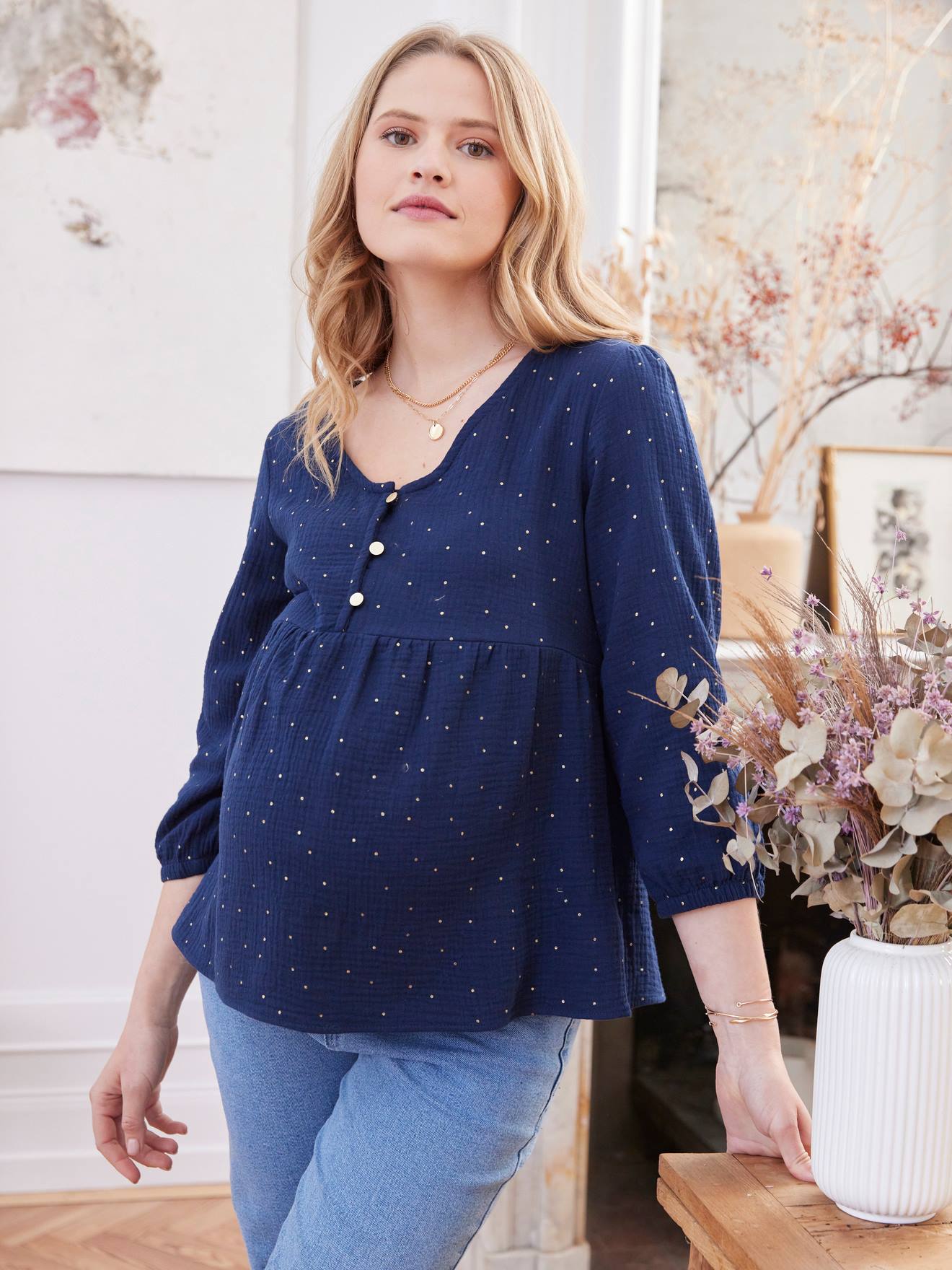 Blouse de grossesse et d'allaitement gaze de coton bleu