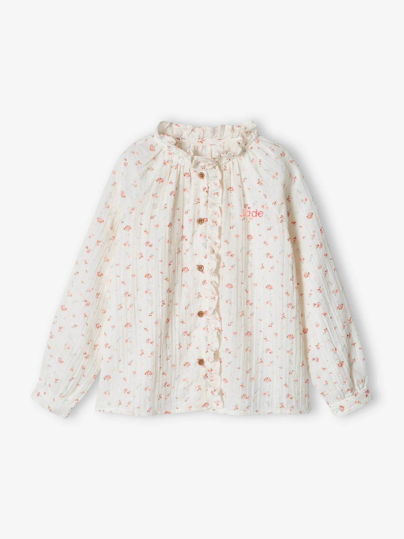 Chemise à volants en gaze de coton fille imprimée fleurs - écru, Fille