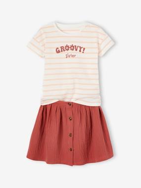 Girls-Skirts-T-Shirt & Skirt Combo in Cotton Gauze, for Girls