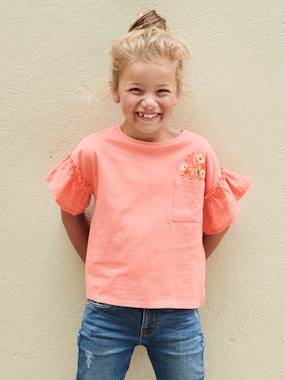 Girls-Tops-T-Shirts-T-Shirt with Ruffled Sleeves in Broderie Anglaise for Girls