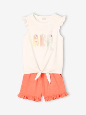 Girls-Shorts-Frilly Combo, Knot Effect T-Shirt & Shorts